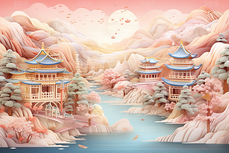 国潮长城立体层次剪纸