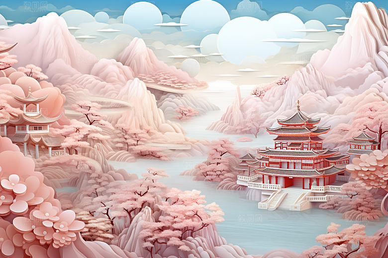 国潮长城中国风山水剪纸