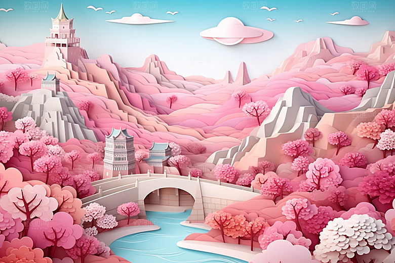 国潮长城立体工笔画剪纸