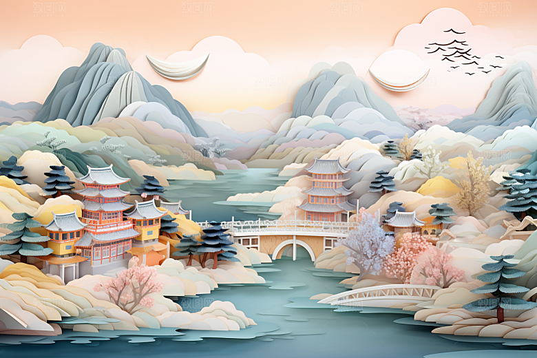国潮长城立体风光剪纸
