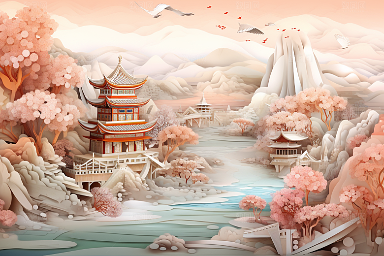 国潮长城山水层次剪纸