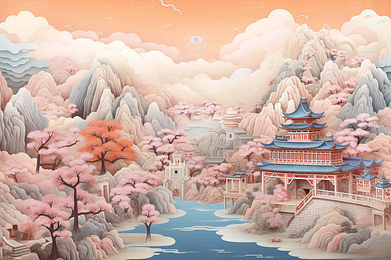 国潮长城山水工笔画剪纸