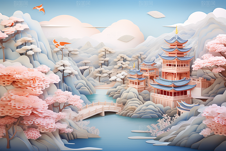 国潮长城中国风工笔画剪纸