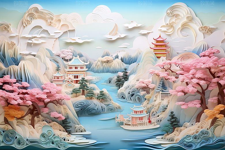 国潮长城山水艺术剪纸