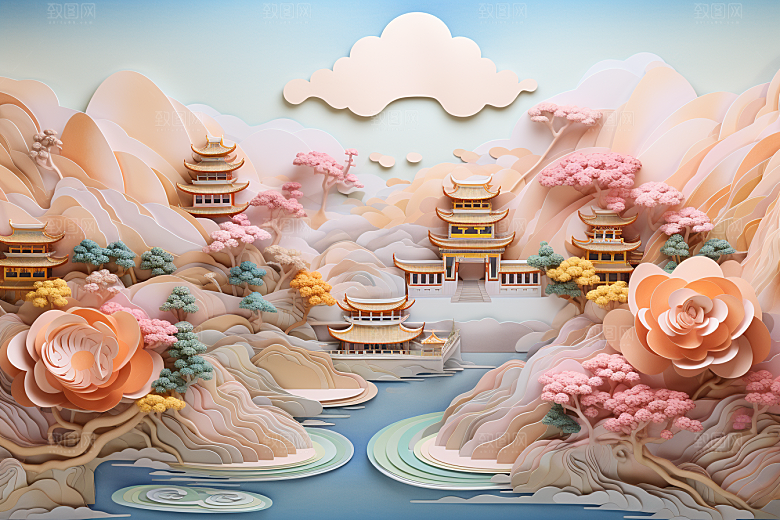 国潮长城风光新中式剪纸