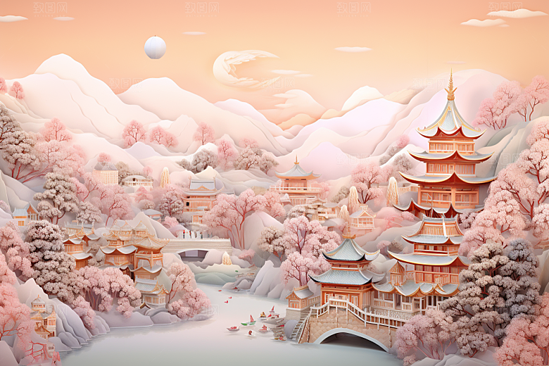 国潮长城层次风光剪纸