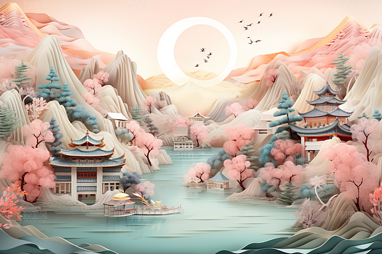国潮长城立体山水剪纸