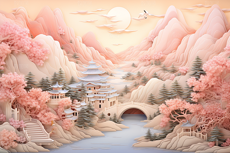 国潮长城工笔画立体剪纸