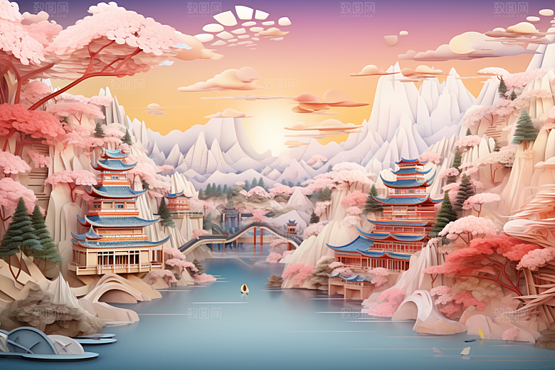 国潮长城工笔画新中式剪纸