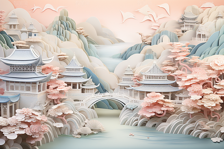 国潮长城新中式风光剪纸