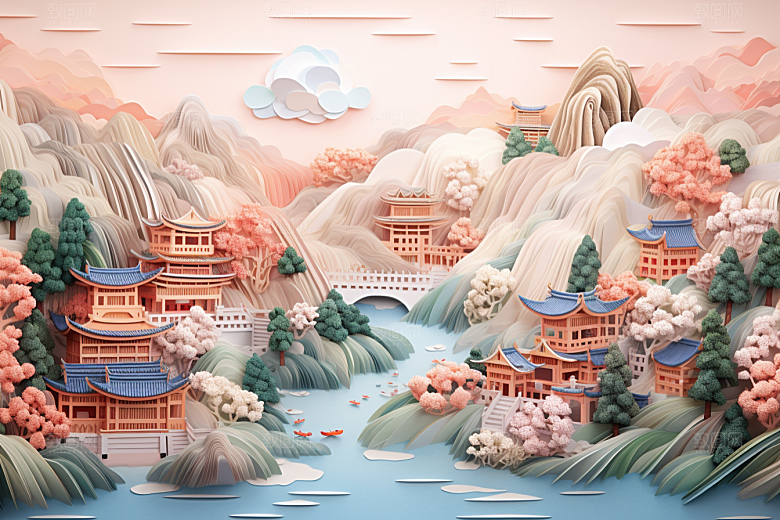 国潮长城工笔画精致剪纸