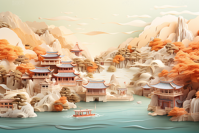 国潮长城风光工笔画剪纸