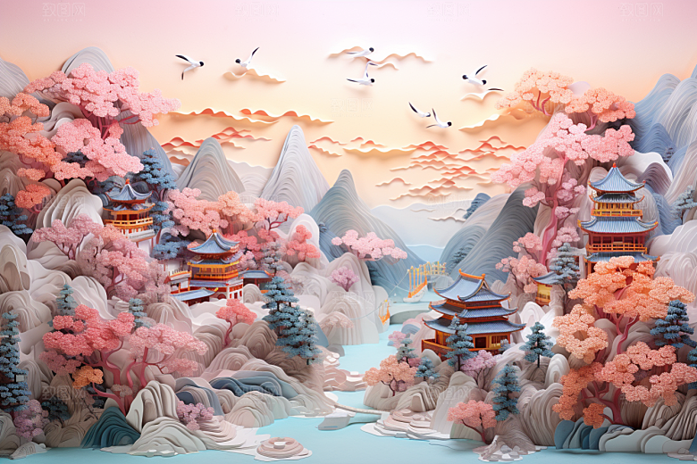 国潮长城精致工笔画剪纸
