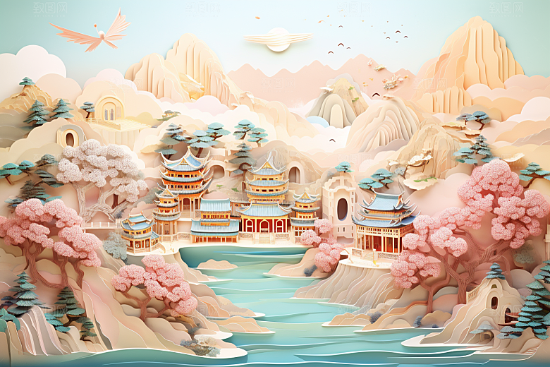 国潮长城风光艺术剪纸