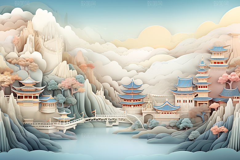 国潮长城精致层次剪纸