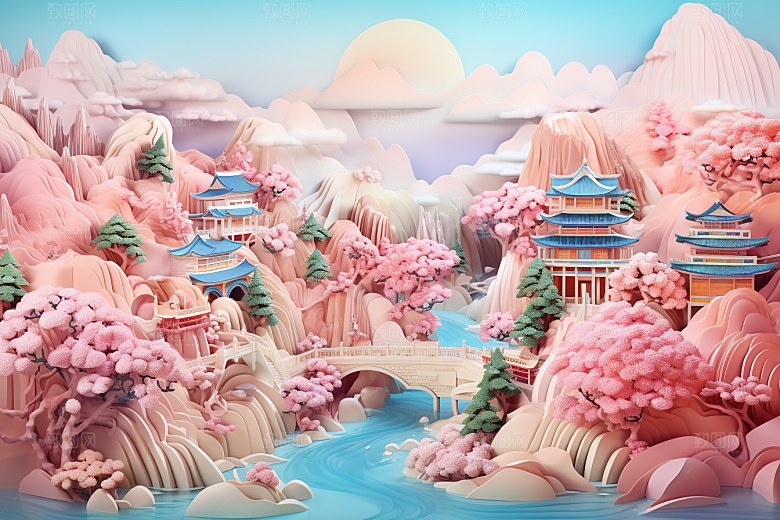 国潮长城立体工笔画剪纸
