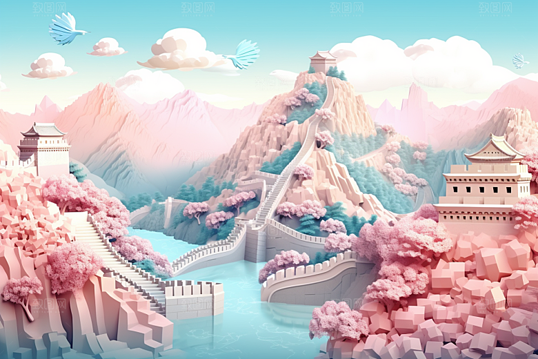 国潮长城艺术山水剪纸