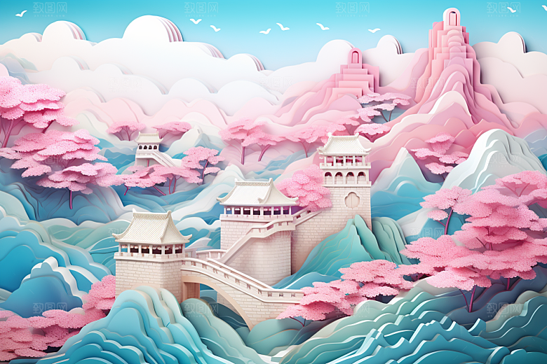 国潮长城艺术工笔画剪纸