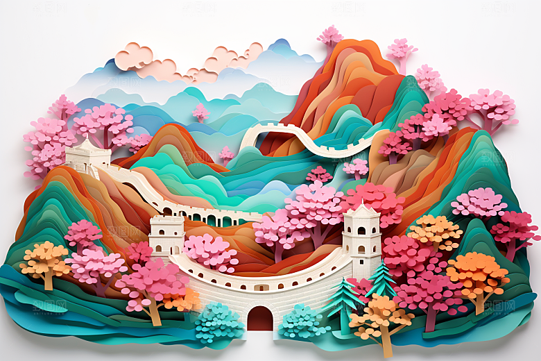 国潮长城风光山水剪纸