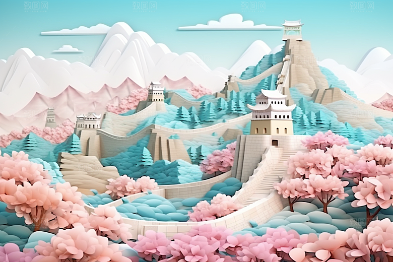 国潮长城精致层次剪纸