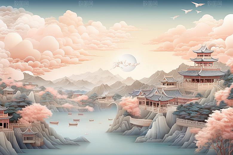 国潮长城中国风山水剪纸