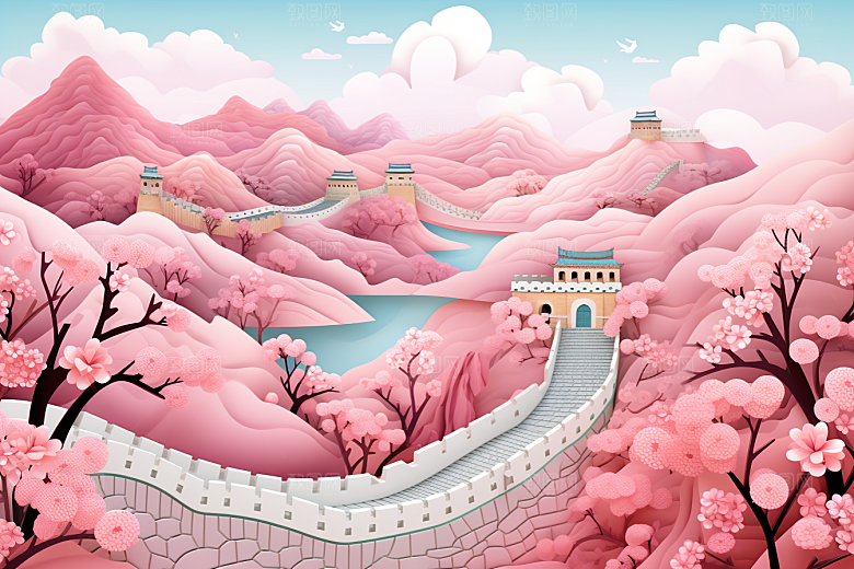 国潮长城精致山水剪纸