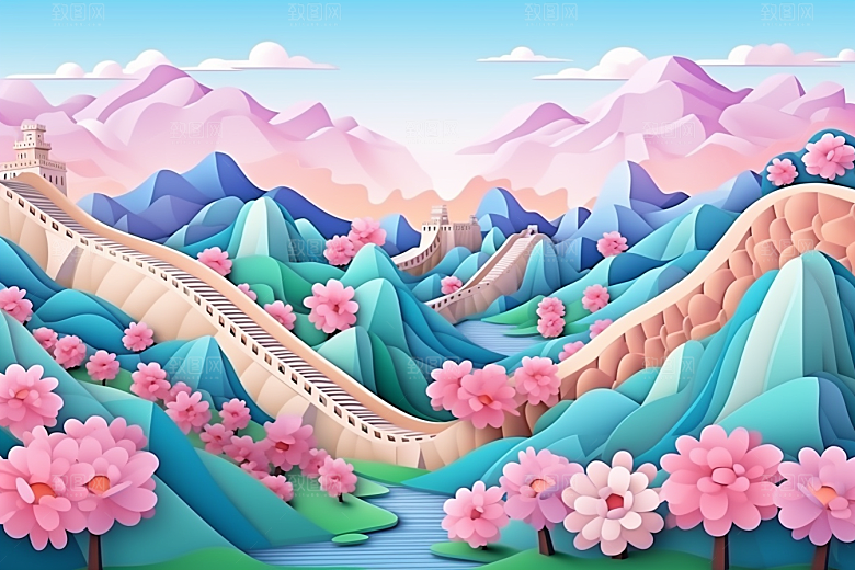 国潮长城中国风山水剪纸