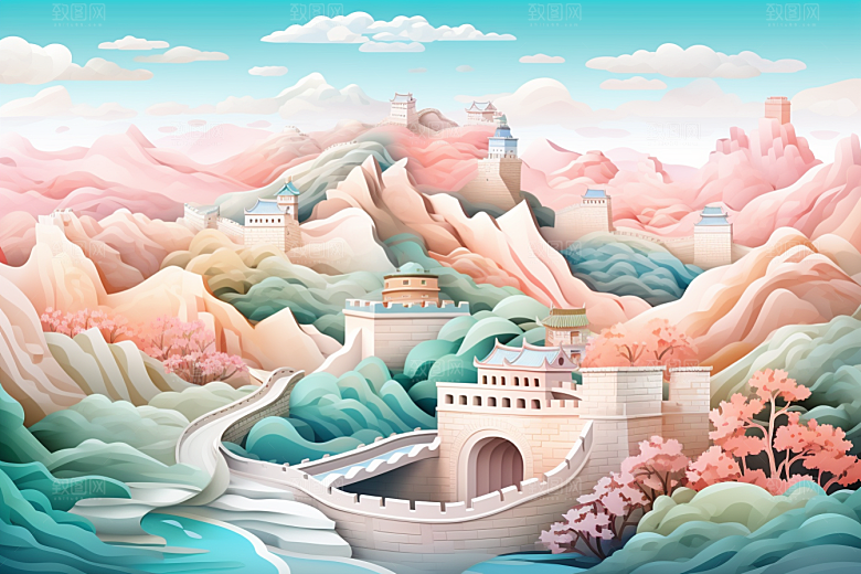 国潮长城山水精致剪纸