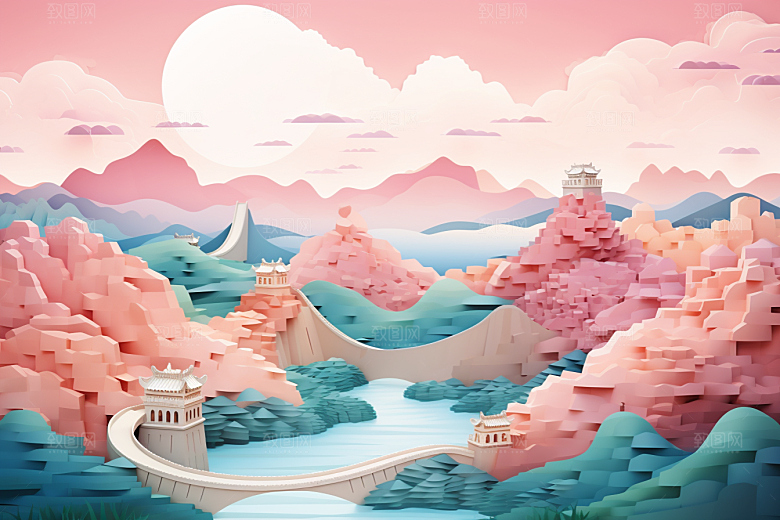 国潮长城精致山水剪纸