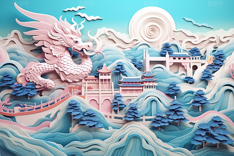 国潮长城艺术工笔画剪纸