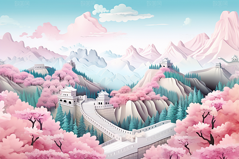 国潮长城艺术风光剪纸
