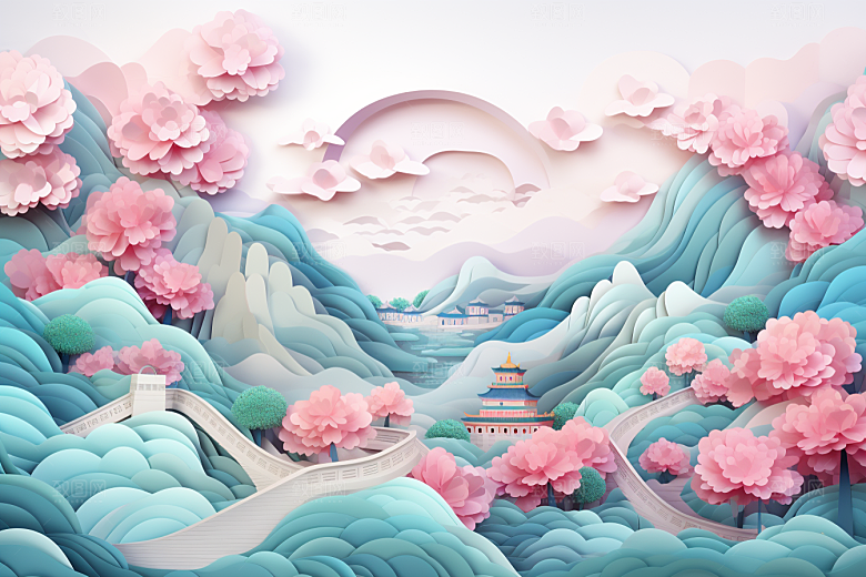 国潮长城工笔画精致剪纸