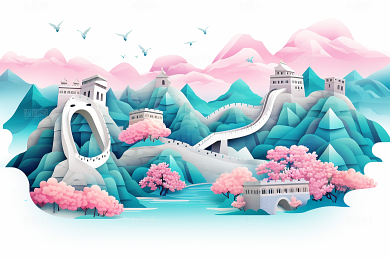 国潮长城立体层次剪纸