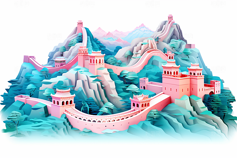 国潮长城工笔画层次剪纸