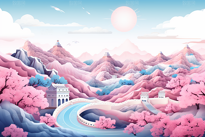 国潮长城层次艺术剪纸