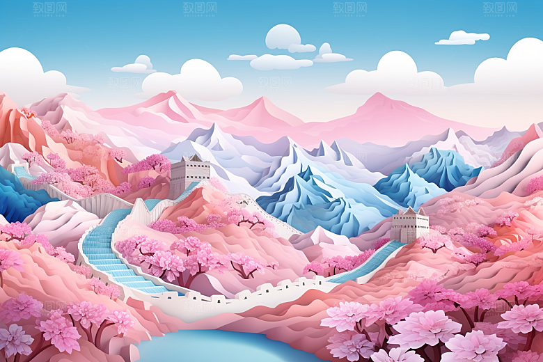 国潮长城立体工笔画剪纸