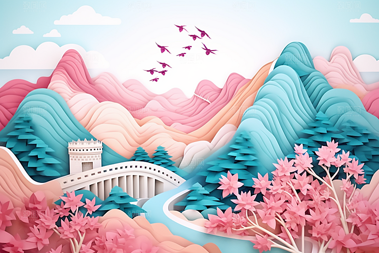 国潮长城艺术工笔画剪纸