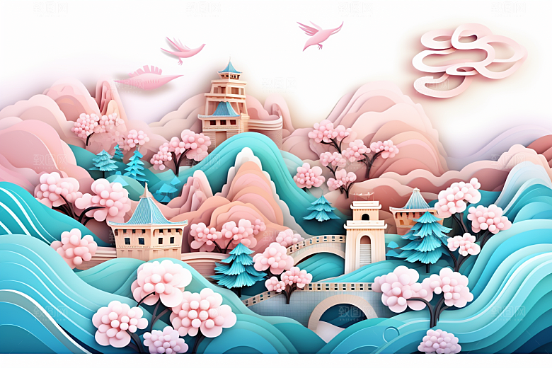 国潮长城精致工笔画剪纸