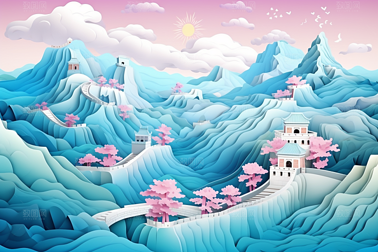 国潮长城工笔画艺术剪纸
