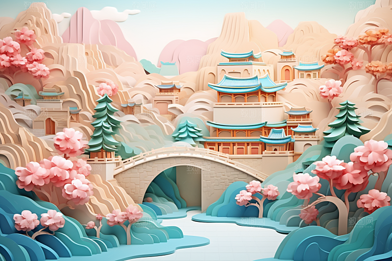国潮长城立体工笔画剪纸