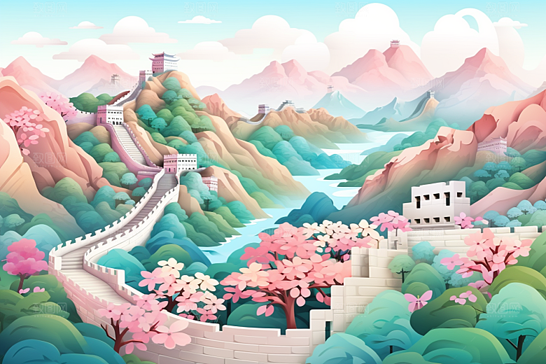 国潮长城工笔画艺术剪纸