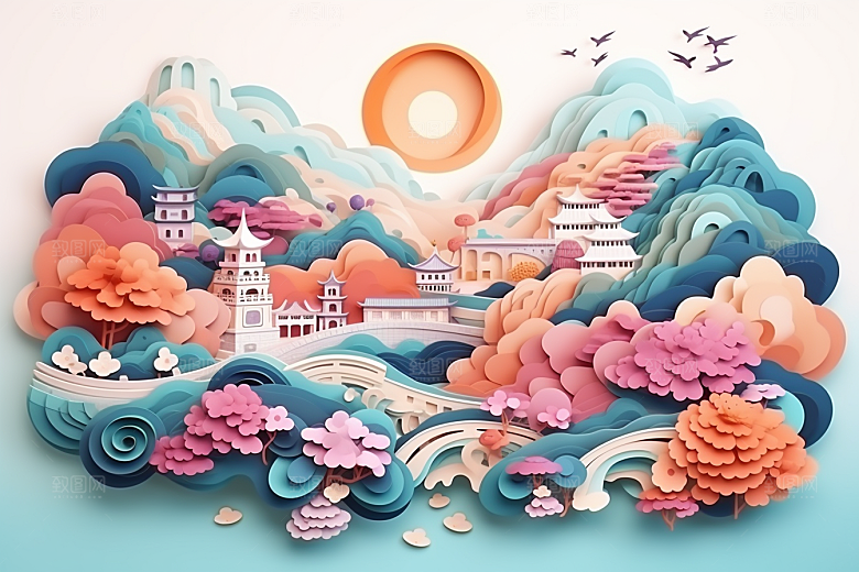 国潮长城工笔画精致剪纸