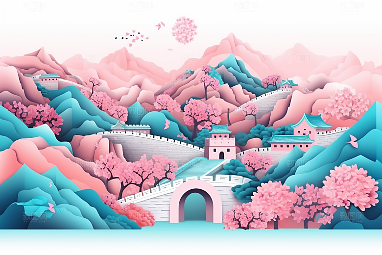 国潮长城精致中国风剪纸