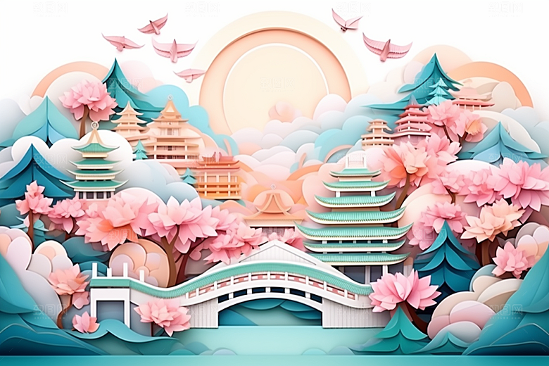 国潮长城立体风光剪纸