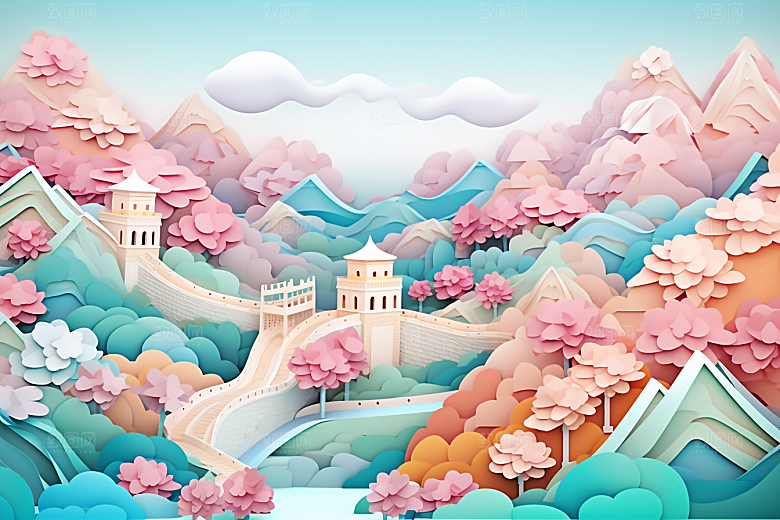 国潮长城工笔画中国风剪纸