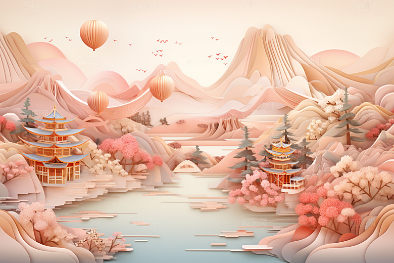 国潮长城艺术山水剪纸