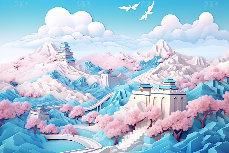 国潮长城山水风光剪纸
