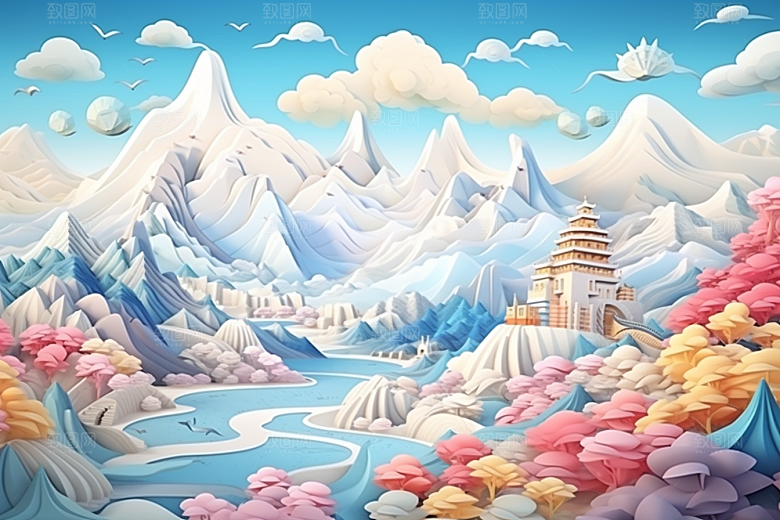 国潮长城山水立体剪纸