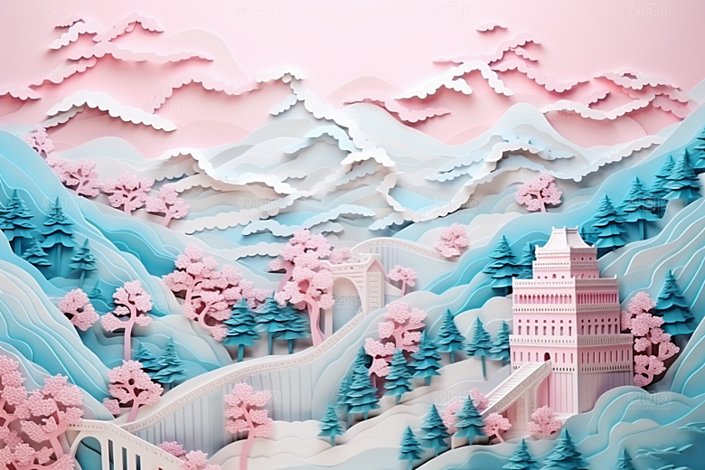 国潮长城精致山水剪纸