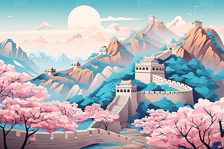 国潮长城山水风光剪纸